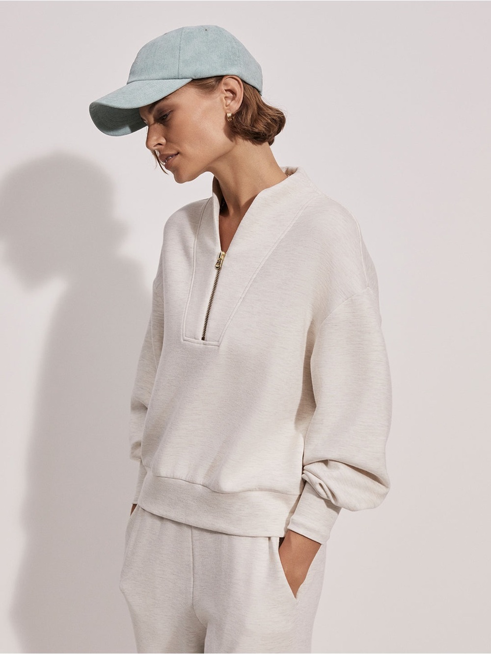 Varley Ivory Marl DoubleSoft Davidson Half-Zip Sweatshirt - Medium